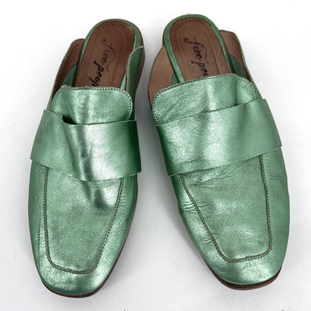 Free People At Ease Loafers Mules Womens 37 Green Metallic Leather Square Toe 7
